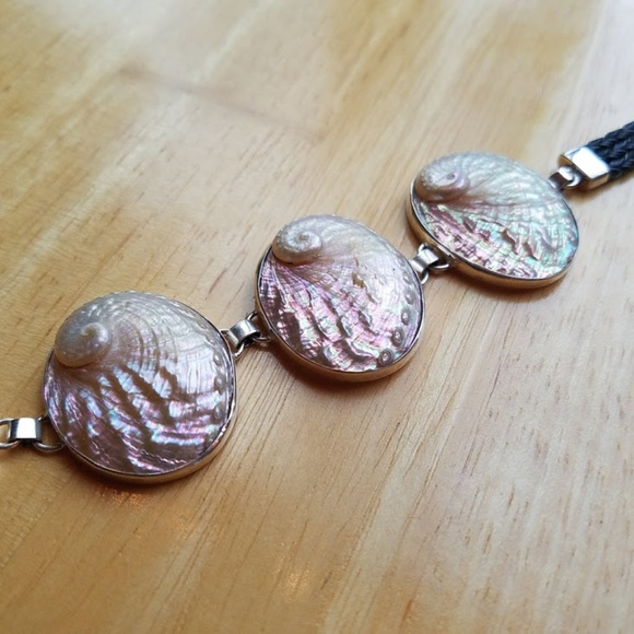 Stunning Statement Handmade Seashell Leather & 925 Silver Bracelet Adjustable - Picture 4 of 6